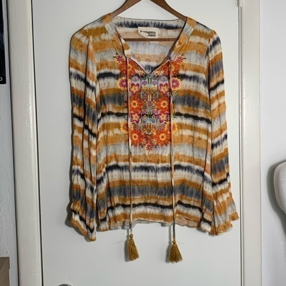 Savannah Jane striped tie-dye floral embroidered tassel tie neck blouse S
